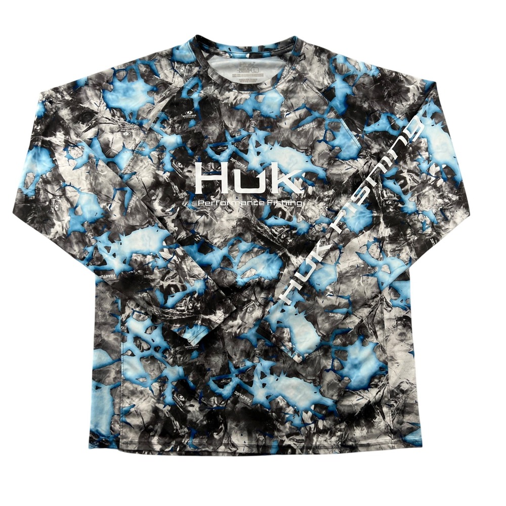 Huk Pursuit Mossy Oak Fracture Performance Fishing Shirt Men Large Blue Camo L/S